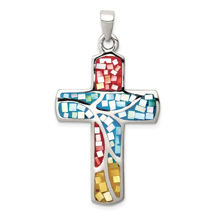 TreasureFineJewelers Necklaces Sterling Silver Mulitcolored Shell Cross Pendant TreasureFineJewelers Necklaces Sterling Silver Mulitcolored Shell Cross Pendant