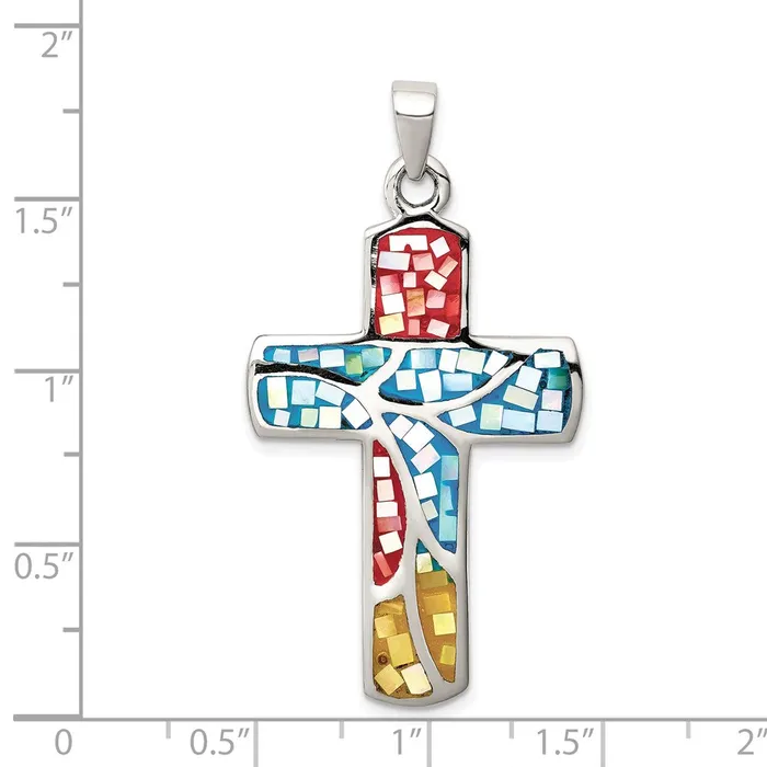TreasureFineJewelers Necklaces Sterling Silver Mulitcolored Shell Cross Pendant