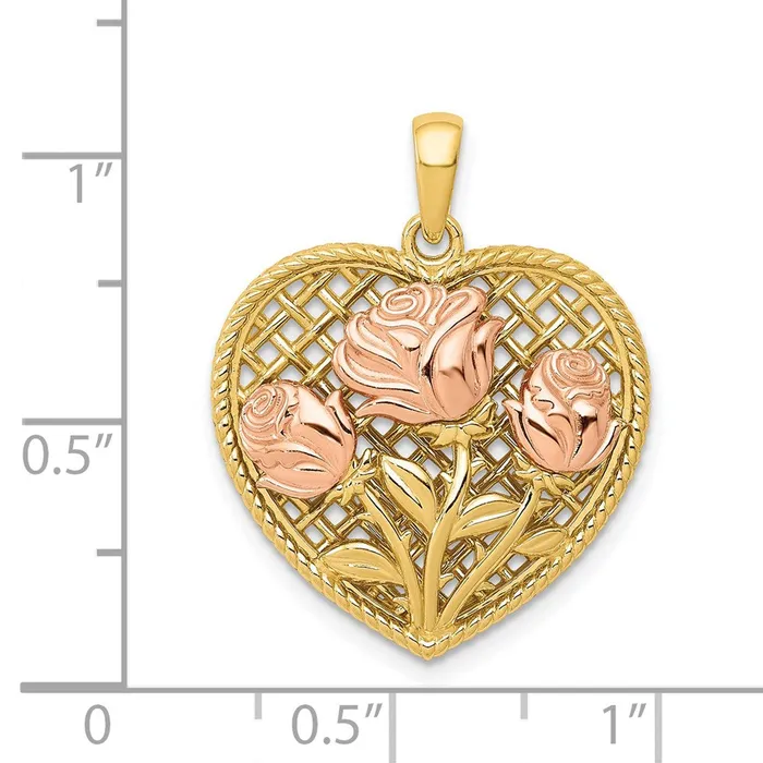 TreasureFineJewelers Rings 14K Twotone Polished Flowers in Heart Pendant