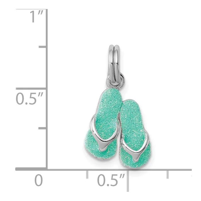 TreasureFineJewelers Rings Sterling Silver RhodiumplatedGreen Enamel Flip Flops Charm