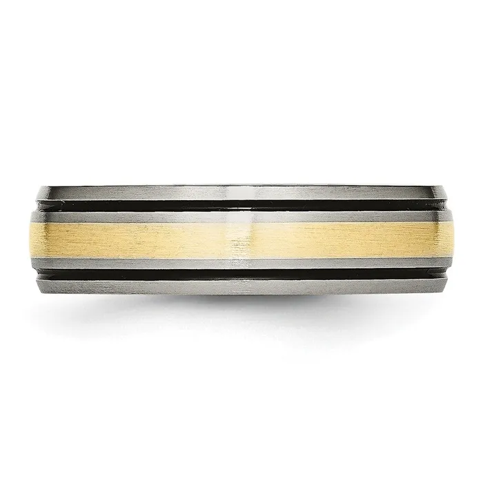 TreasureFineJewelers Rings Titanium Antiqued and Brushed w14k Yellow Gold Inlay 6mm Grooved Band