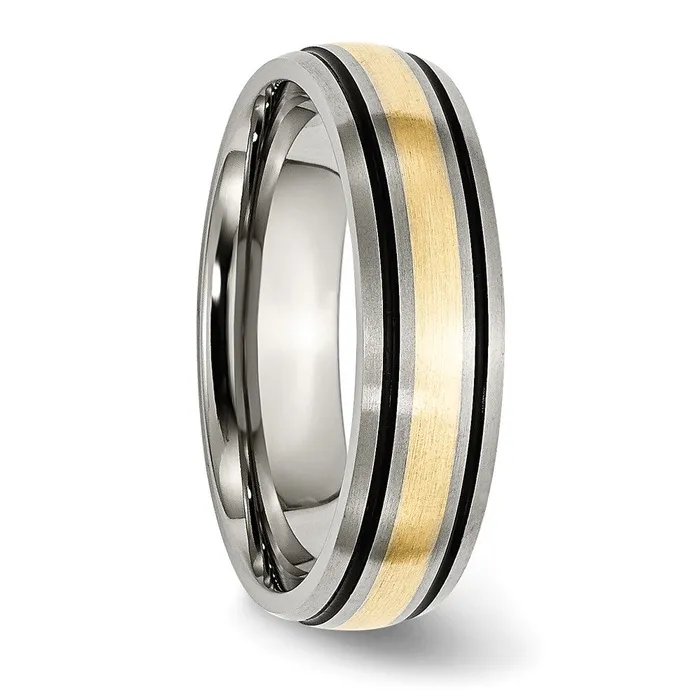 TreasureFineJewelers Rings Titanium Antiqued and Brushed w14k Yellow Gold Inlay 6mm Grooved Band