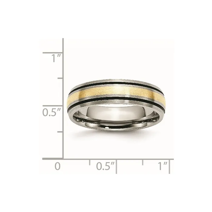 TreasureFineJewelers Rings Titanium Antiqued and Brushed w14k Yellow Gold Inlay 6mm Grooved Band