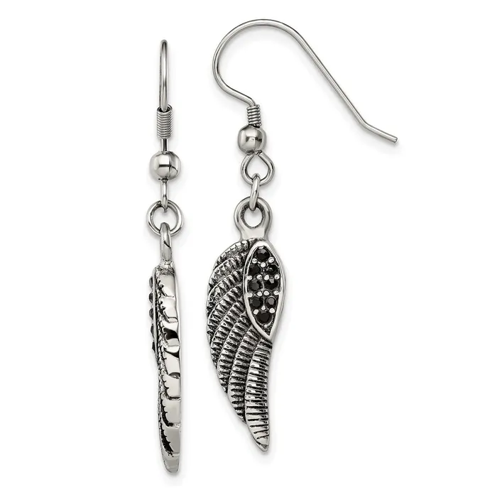 TreasureFineJewelers Stainless Steel Antiqued Polished wBlack Crystal Wings Dangle Earrings Earrings TreasureFineJewelers Stainless Steel Antiqued Polished wBlack Crystal Wings Dangle Earrings Earrings