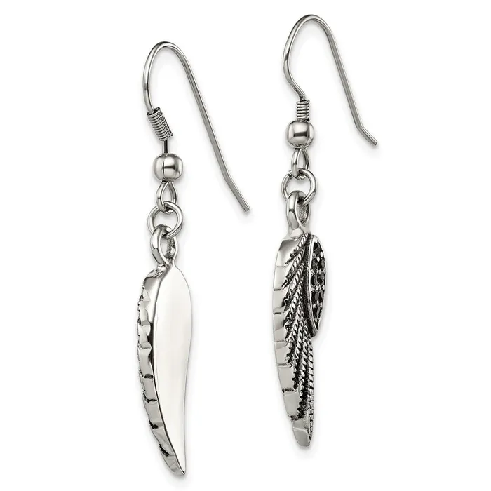 TreasureFineJewelers Stainless Steel Antiqued Polished wBlack Crystal Wings Dangle Earrings Earrings