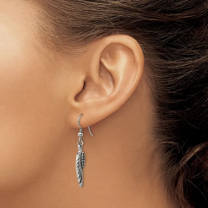 TreasureFineJewelers Stainless Steel Antiqued Polished wBlack Crystal Wings Dangle Earrings Earrings