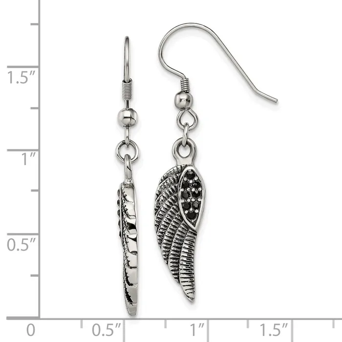 TreasureFineJewelers Stainless Steel Antiqued Polished wBlack Crystal Wings Dangle Earrings Earrings