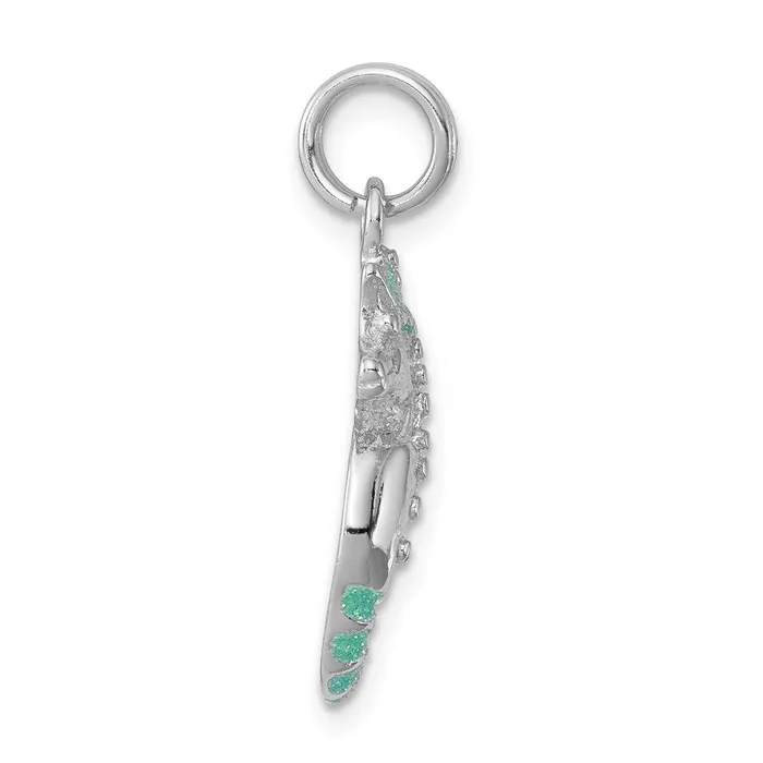 TreasureFineJewelers Sterling Silver Rhodiumplated Green Glitter Enamel Seahorse Charm Rings