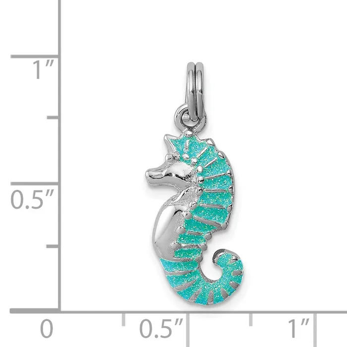 TreasureFineJewelers Sterling Silver Rhodiumplated Green Glitter Enamel Seahorse Charm Rings