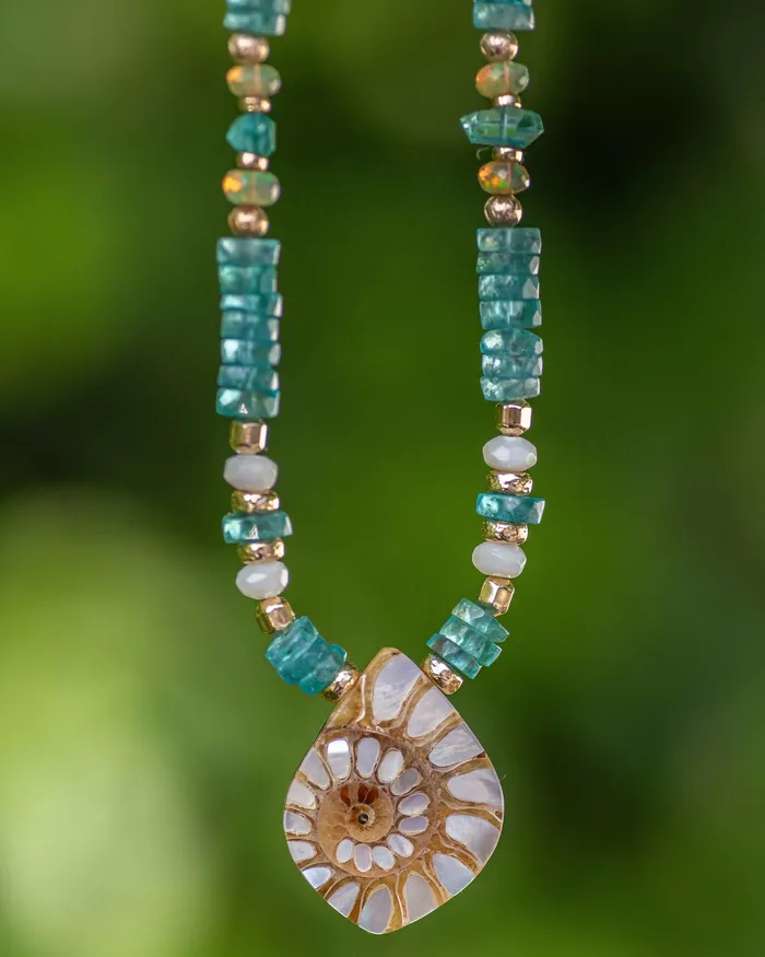 Vida Jewelry Designs Necklaces Mother of Pearl Inlay Shell Apatite Statement Necklace