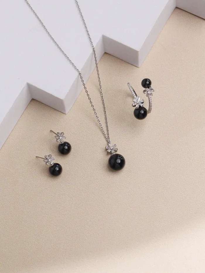 Curio Cottage Necklaces Black Floral Frost Necklace Set with Ring