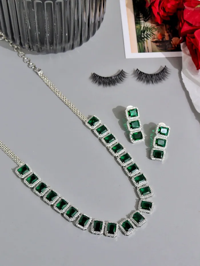 Necklaces Curio Cottage Auric Emerald Green CZ Necklace Set Necklaces Curio Cottage Auric Emerald Green CZ Necklace Set