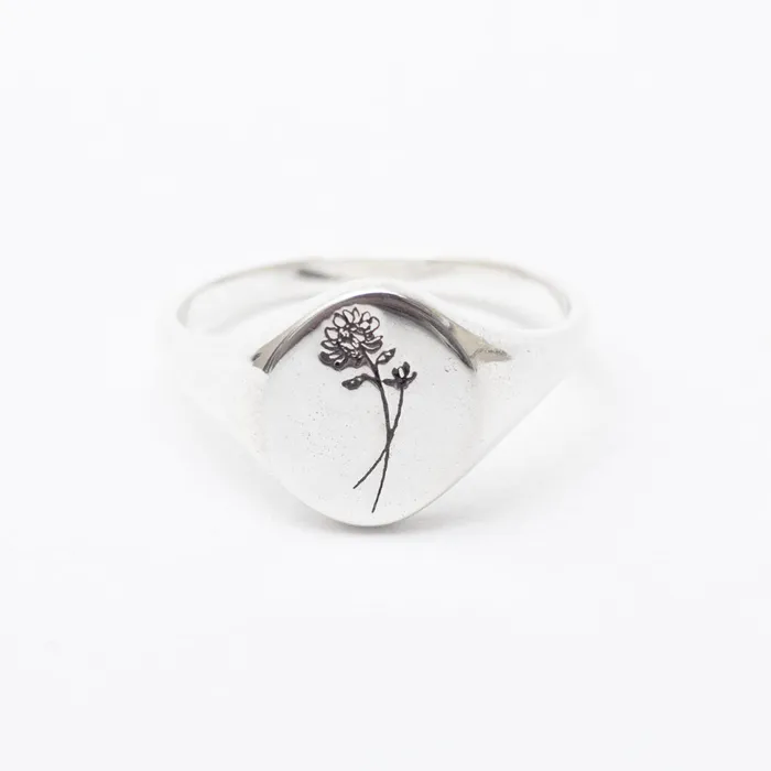 November Birth Flower Signet Ring Silver Lotus Rings