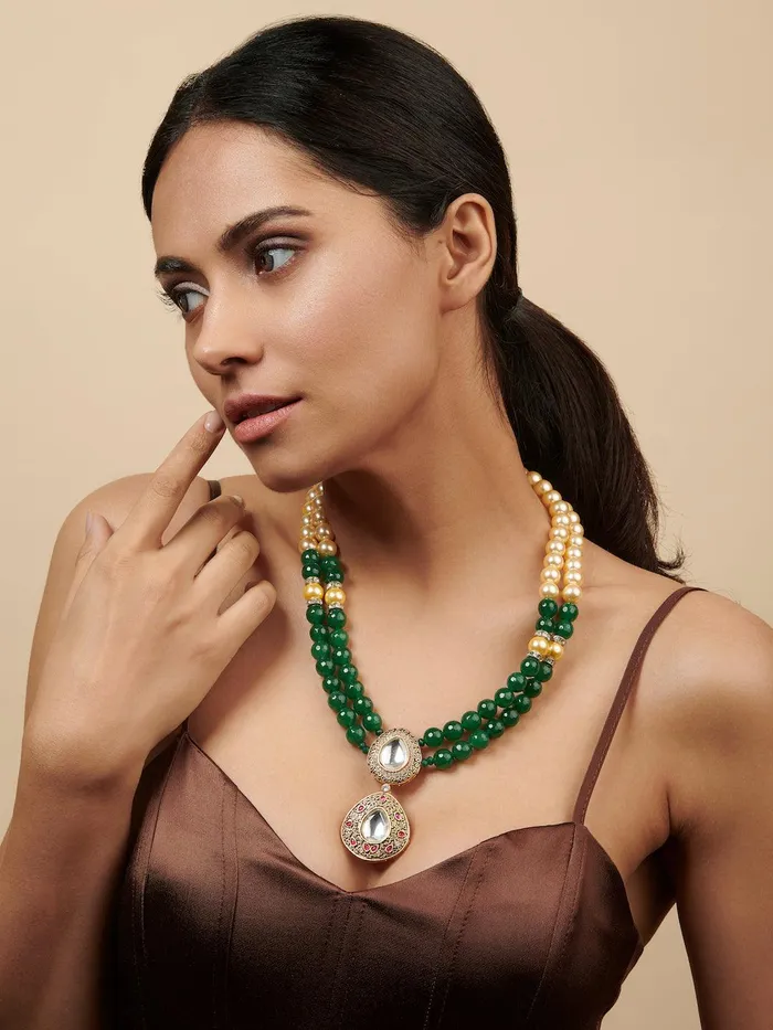 Stone Appeal Double Layered Green Stone and Oyester Pearls Necklace Curio Cottage Necklaces