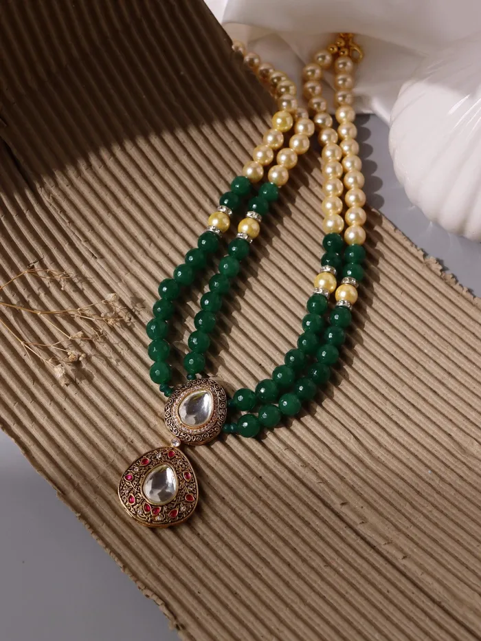 Stone Appeal Double Layered Green Stone and Oyester Pearls Necklace Curio Cottage Necklaces Stone Appeal Double Layered Green Stone and Oyester Pearls Necklace Curio Cottage Necklaces